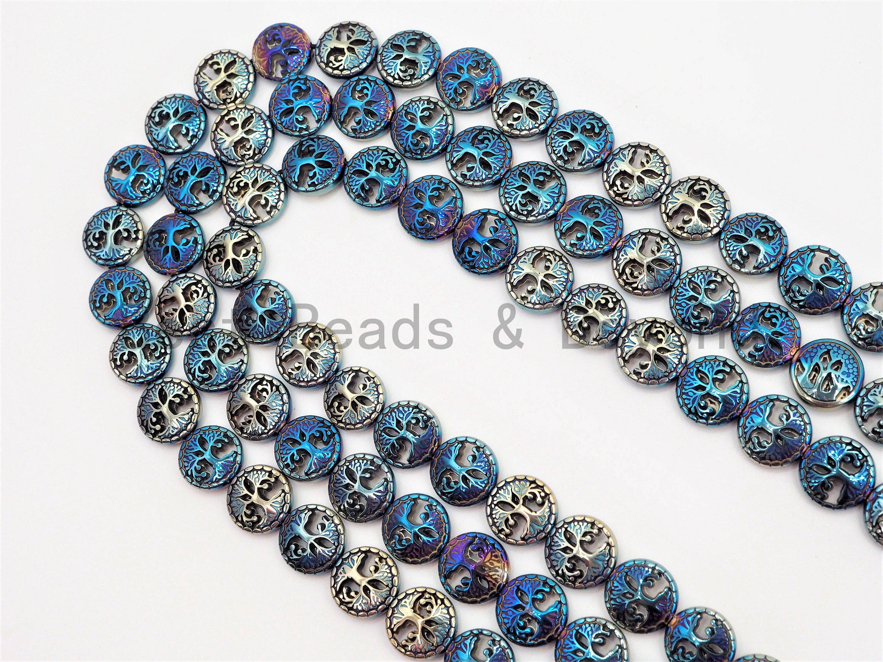 NEW Style Coin Shape Peace Tree Pattered Hematite 12mm Beads, Blue/Green/Rainbow Color Hematite, 15inch FULL Strand, SKU#U428