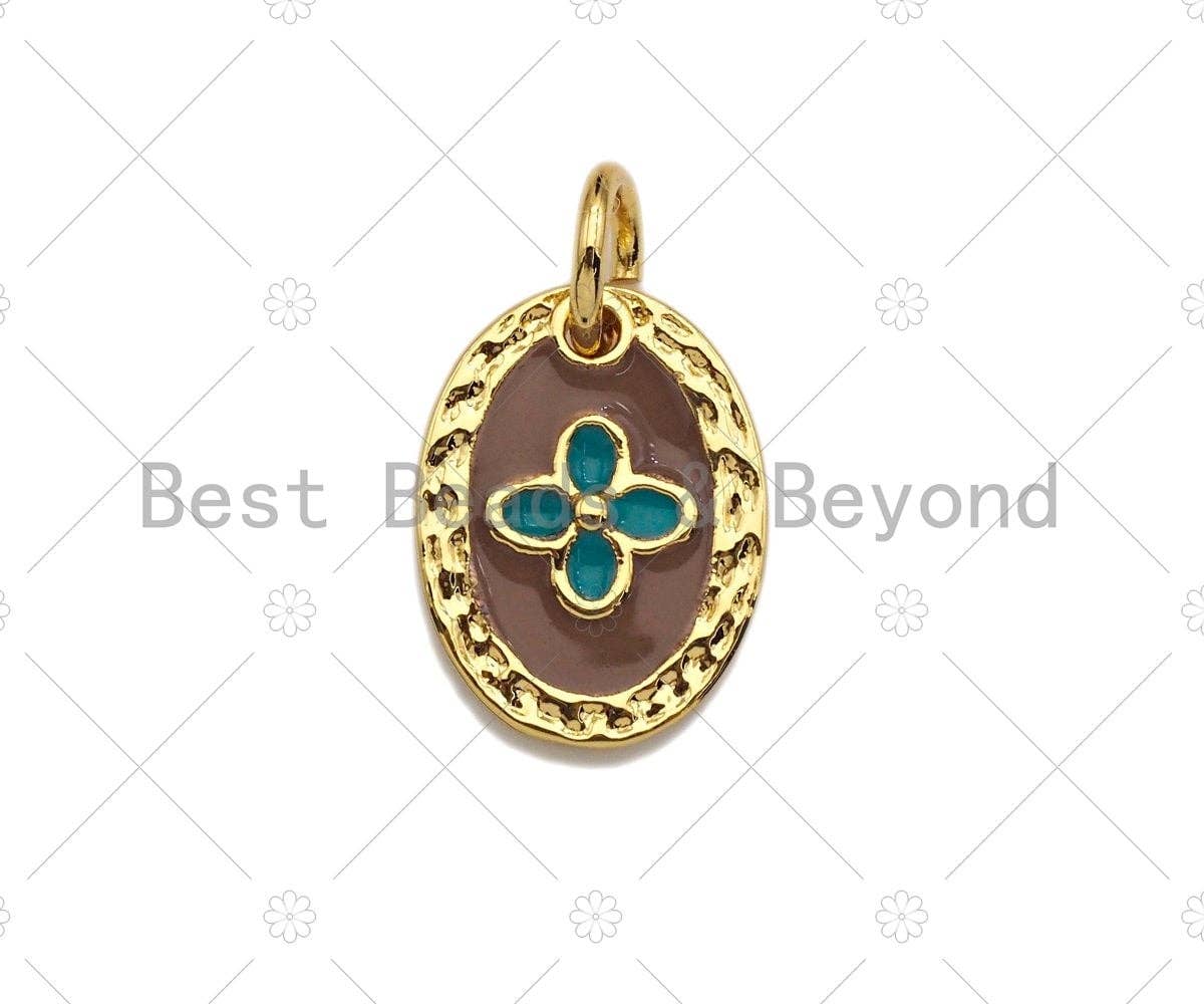 Brown Enamel Clover On Oval Pendant,CZ Micro Pave Enamel pendant,Enamel Charm,Enamel Jewelry,9x12mm,sku#Z1234