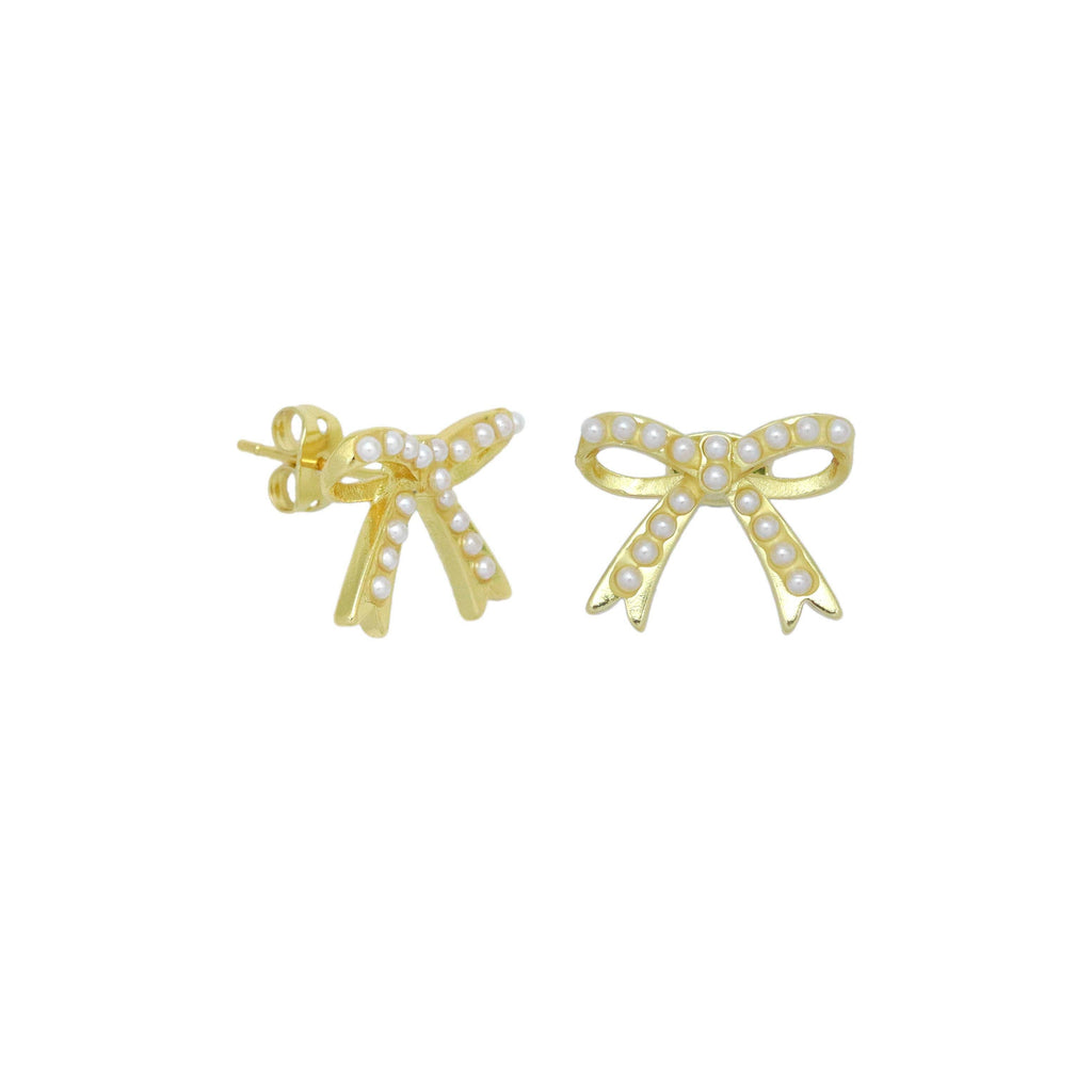 Gold White Pearl Bowknot Stud Earrings, Sku#LK967