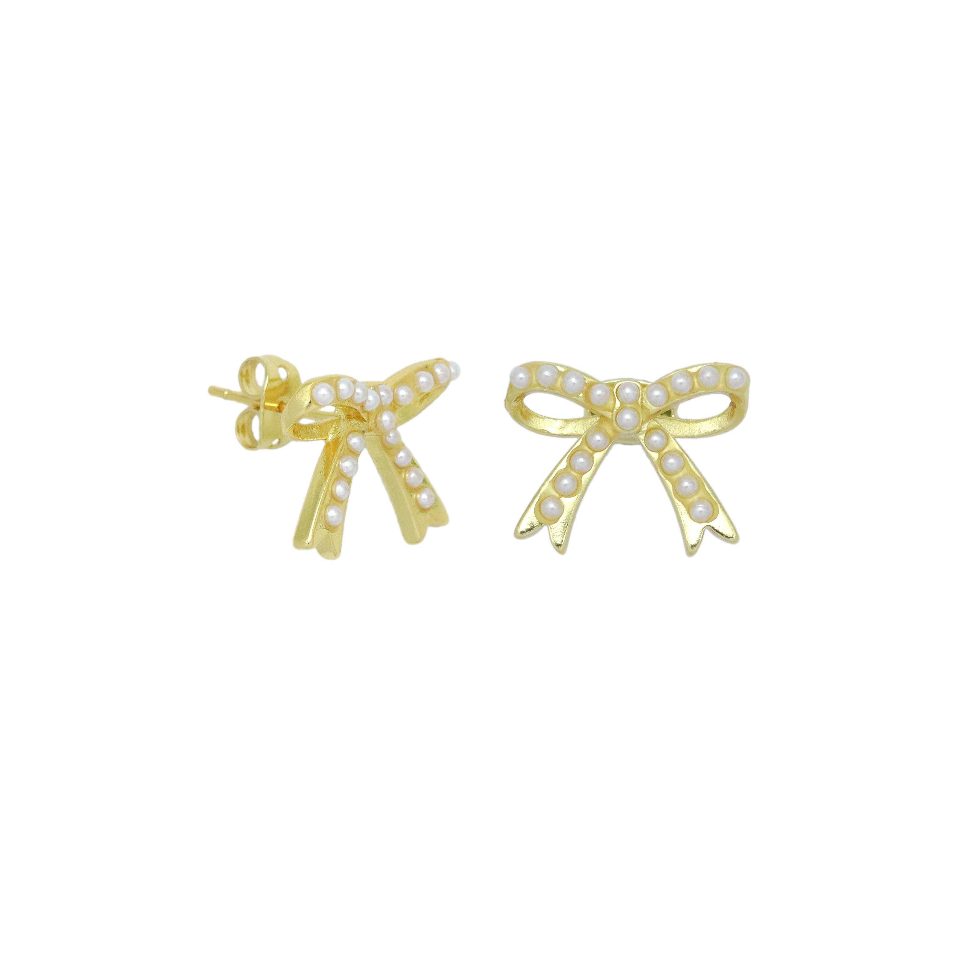Gold White Pearl Bowknot Stud Earrings, Sku#LK967