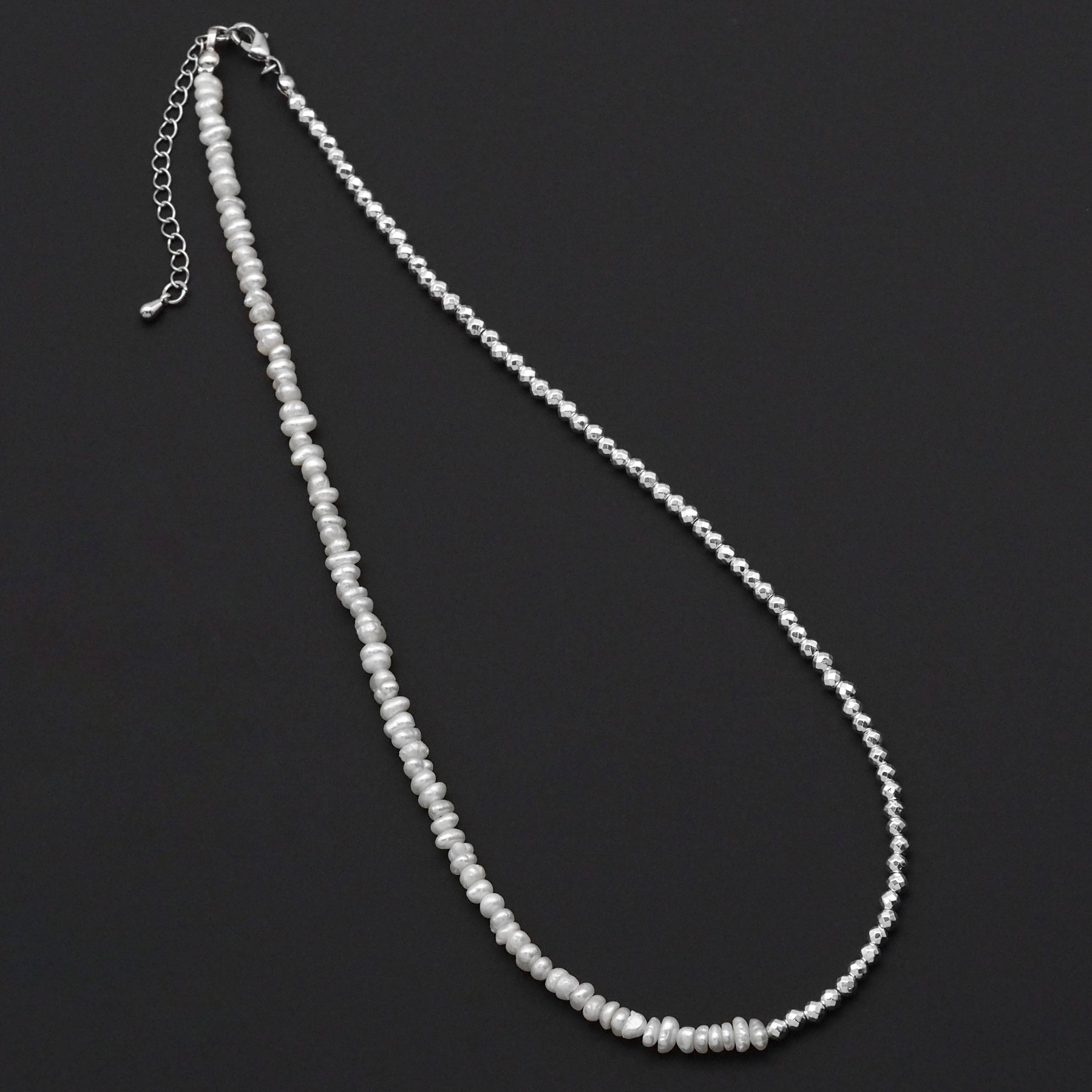 Fresh Water Pearl with Silver Hematite ball Chain Necklace, Sku#EF508