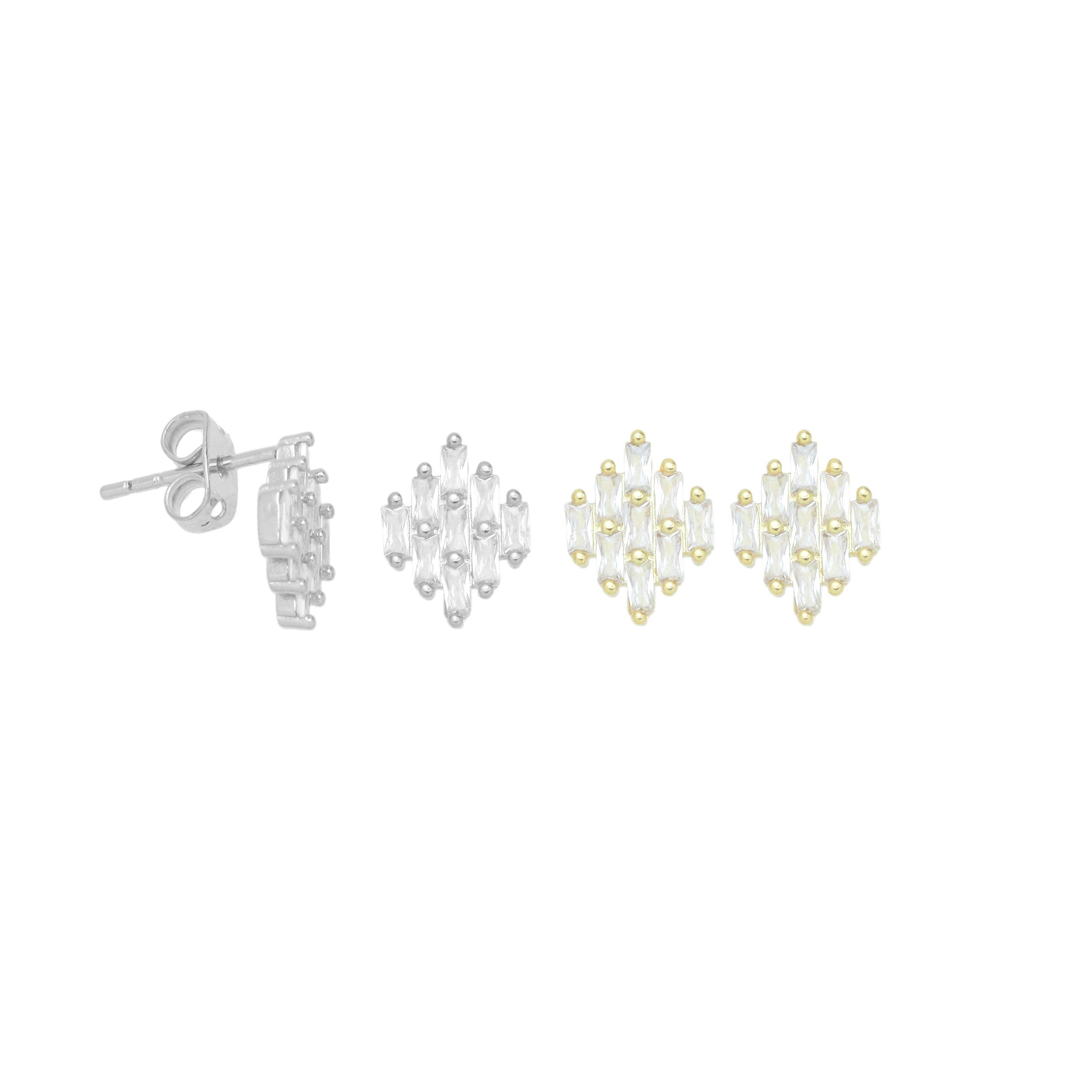 Baguette CZ Silver Rhombus Diamond Shape Earrings, Sku#A387