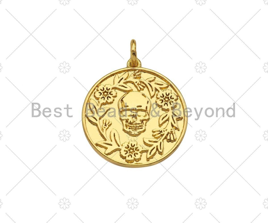 18K Dainty Gold Skull On Round Coin Shape Pendant,Gold Medallion Skull Charm,Necklace Bracelet Charm Pendant,18x20mm,Sku#Z1305