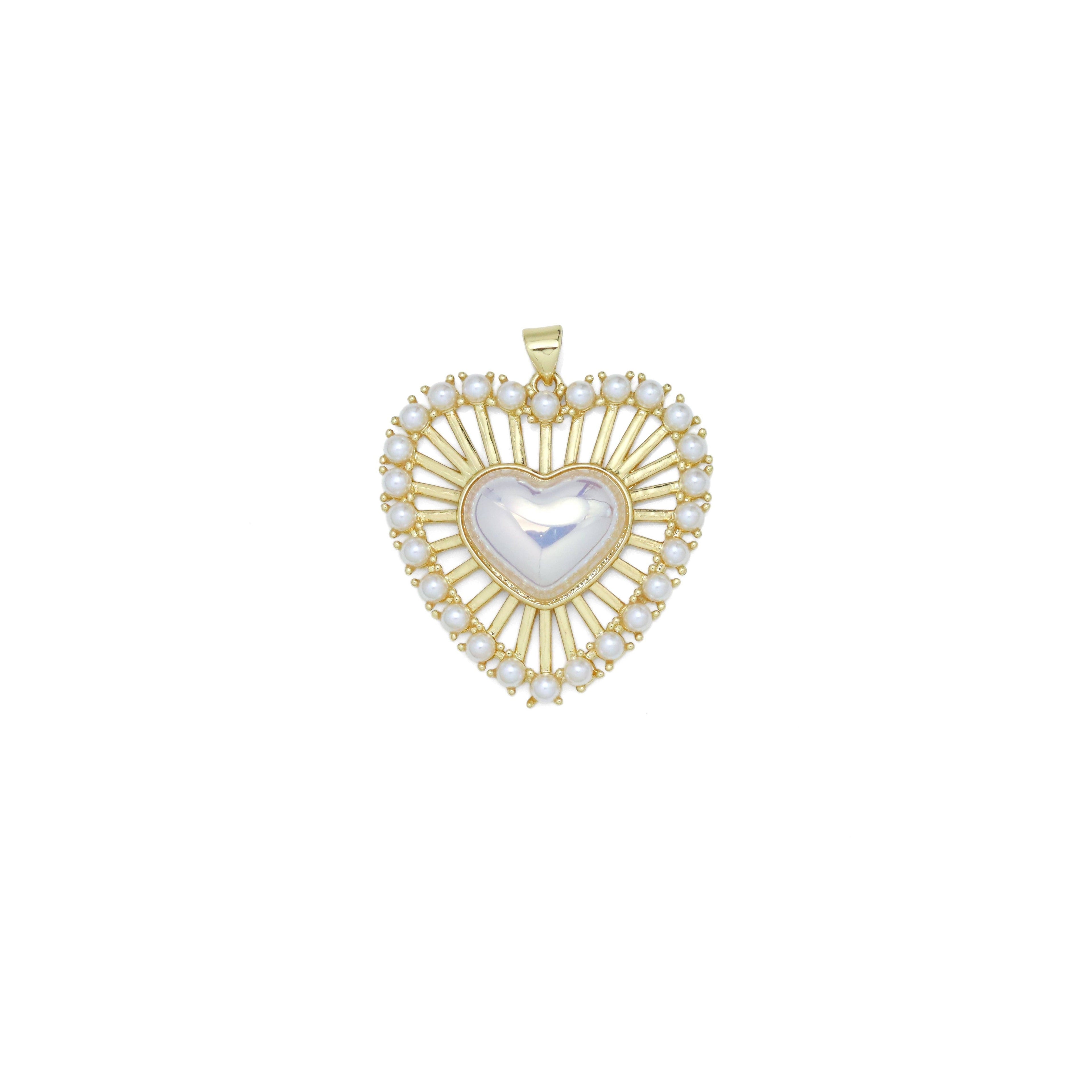 Large CZ Pave Pearl Heart  Pendant, Sku#LX626