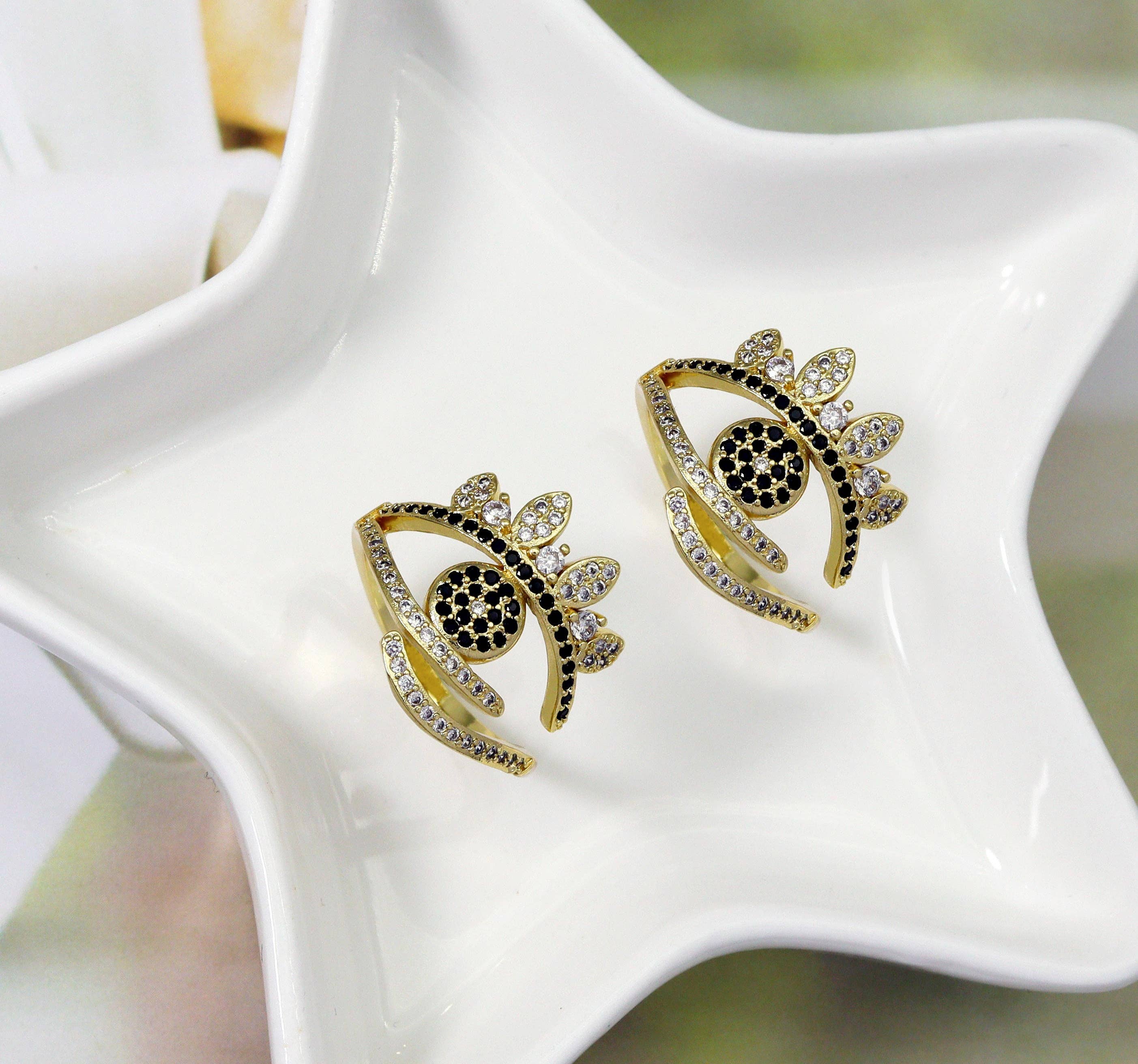 Black CZ Gold Evil Eye Oval Adjustable Ring, Sku#JL142