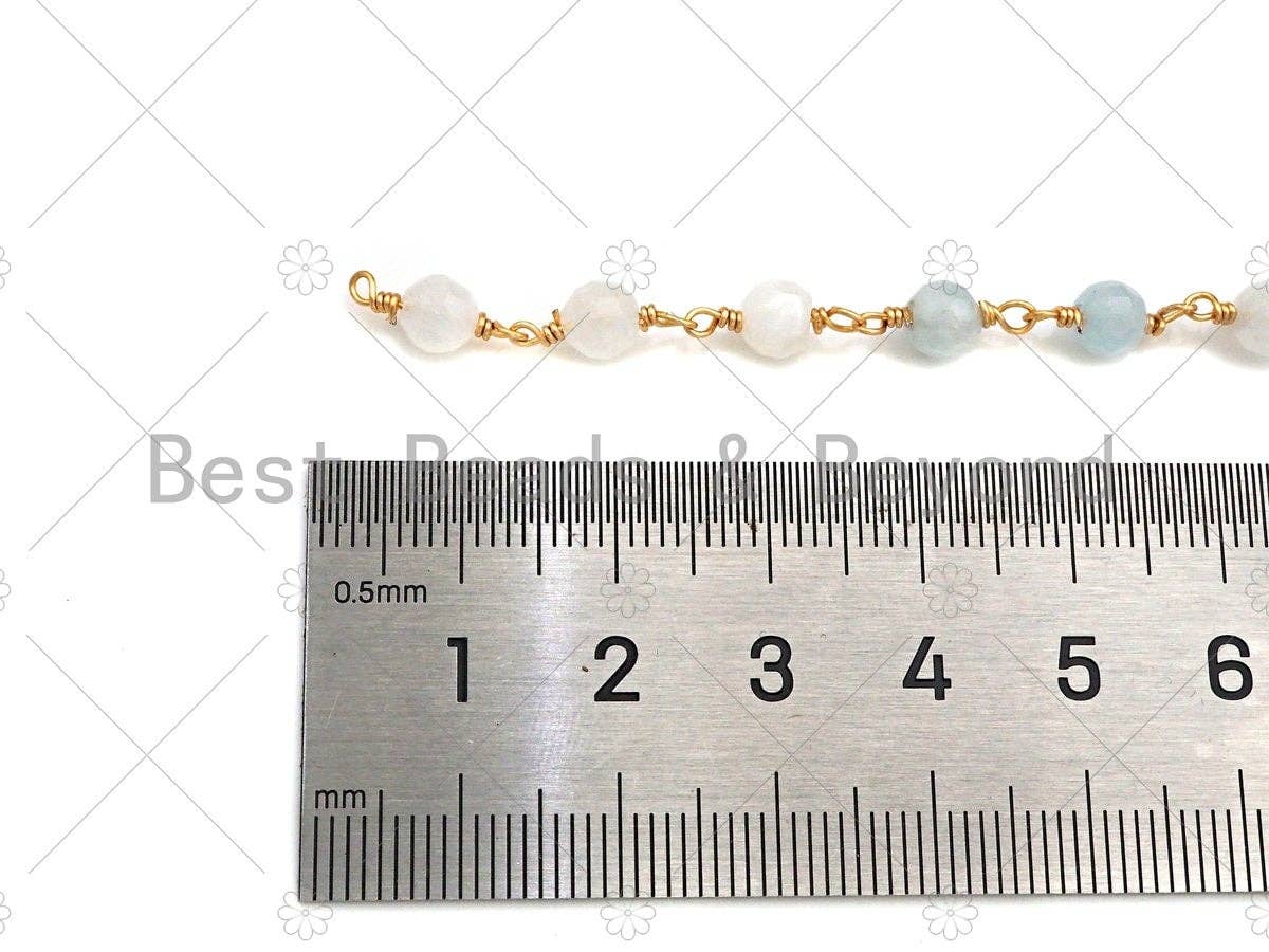 Quality Aquamarine Rosary Chain, 5mm Beaded Chain, Wire Wrapped Gold Chain, Body Belly Chain, Sku#V90