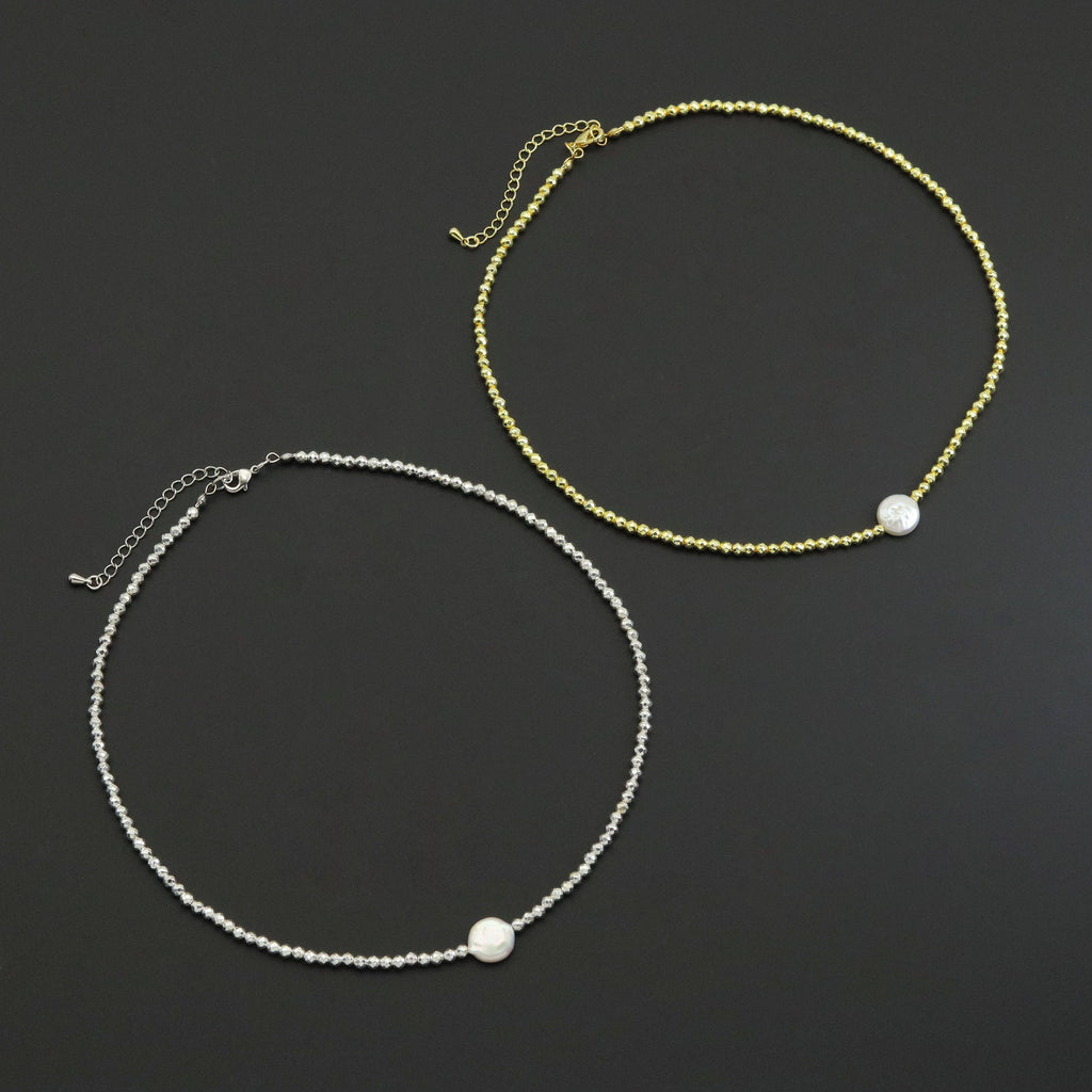 Gold Silver hematite with flat pearl necklace, sku#EF556