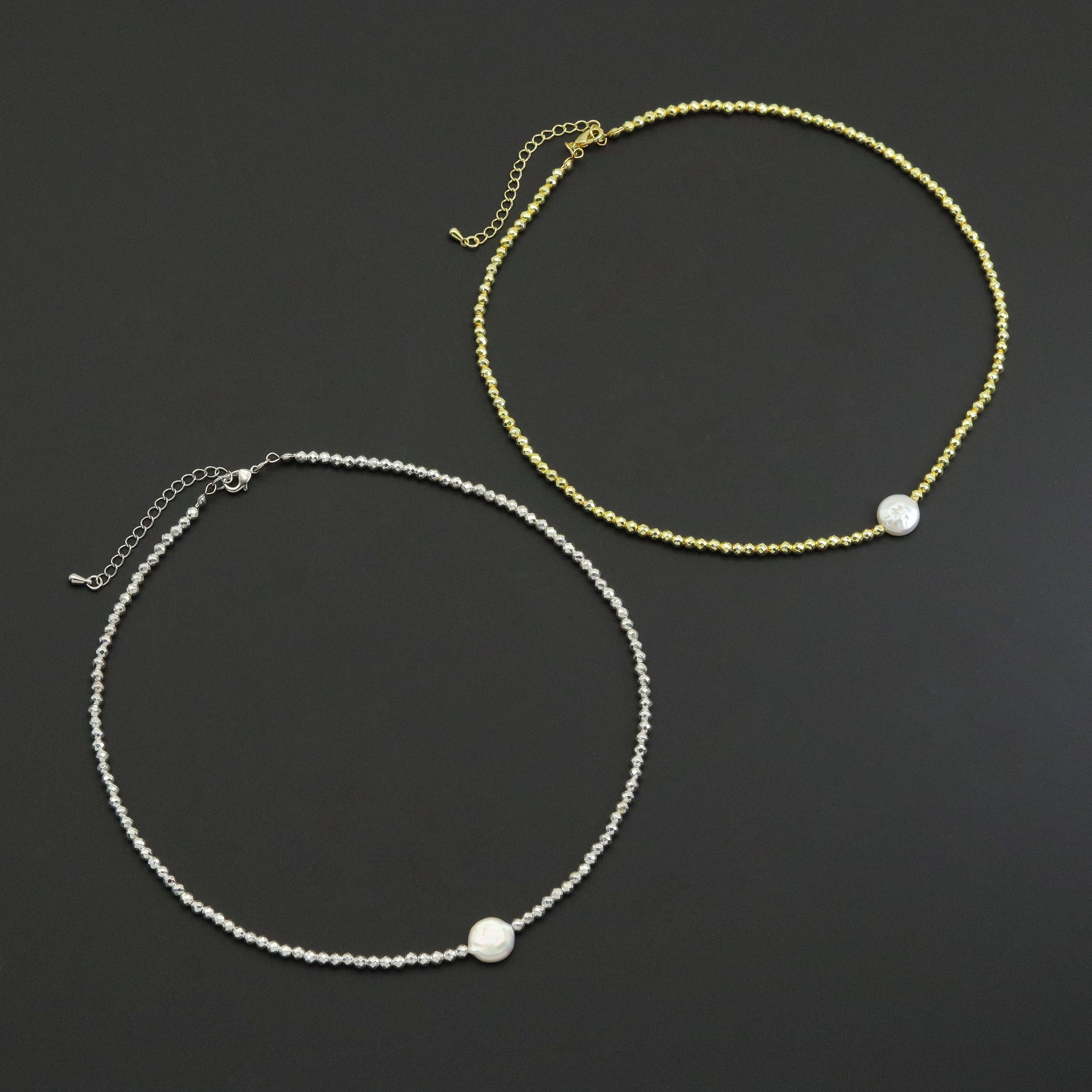 Gold Silver hematite with flat pearl necklace, sku#EF556