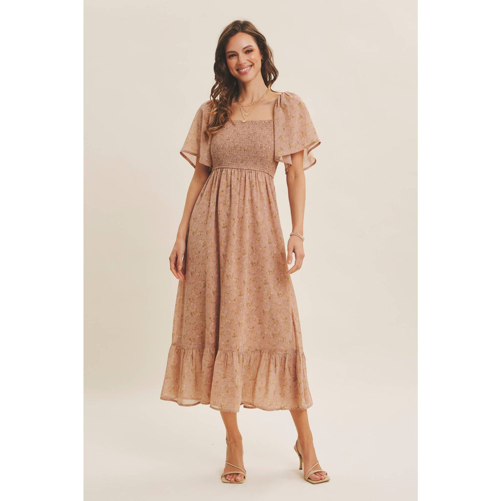 Ariana Square Neck Floral Chiffon Smocked Midi Dress