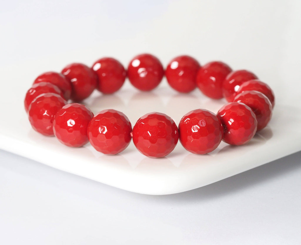 Natural Red MOP Faceted Round Stretchy Bracelet, 8mm/10mm/12mm. Sku#EF273