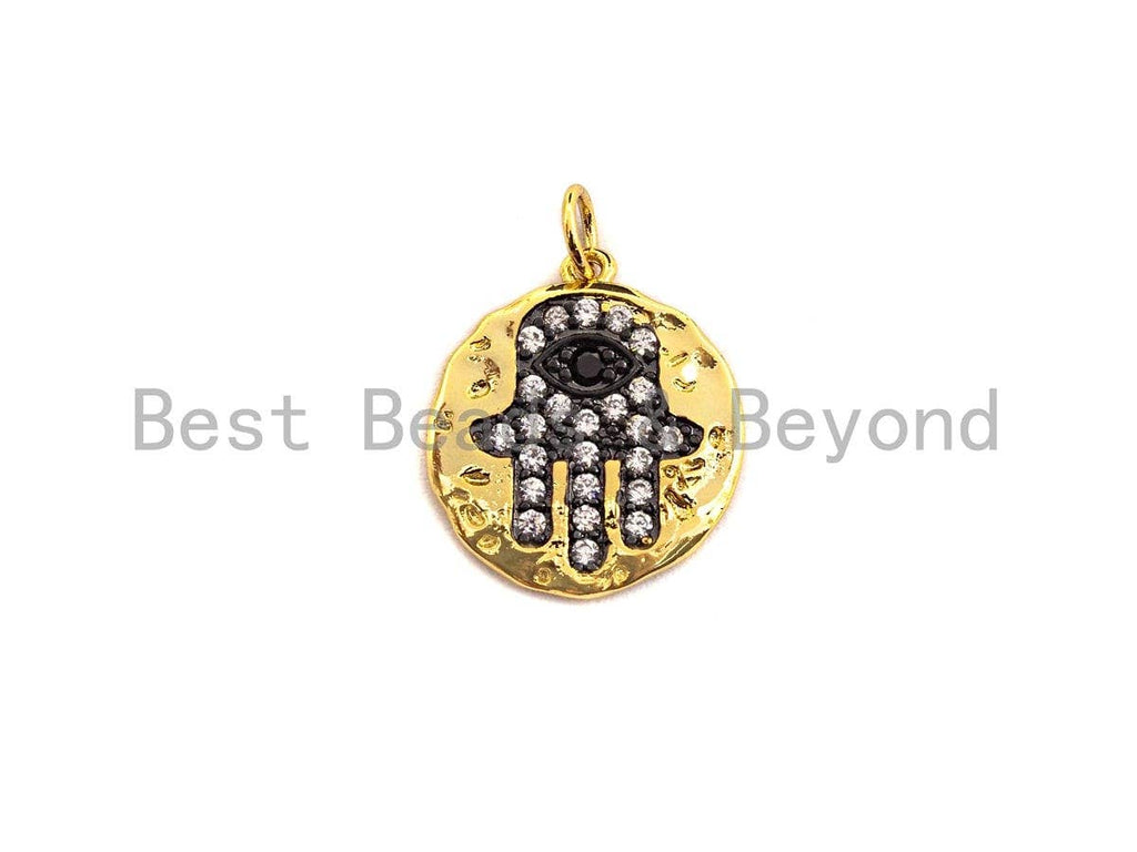 Dual Color CZ Micro Pave Hamsa Hand Hammered Gold Coin Charm,Hamsa Hand Cubic Zirconia Pendant,24K Gold Tone,16x18mm,Sku#Z443