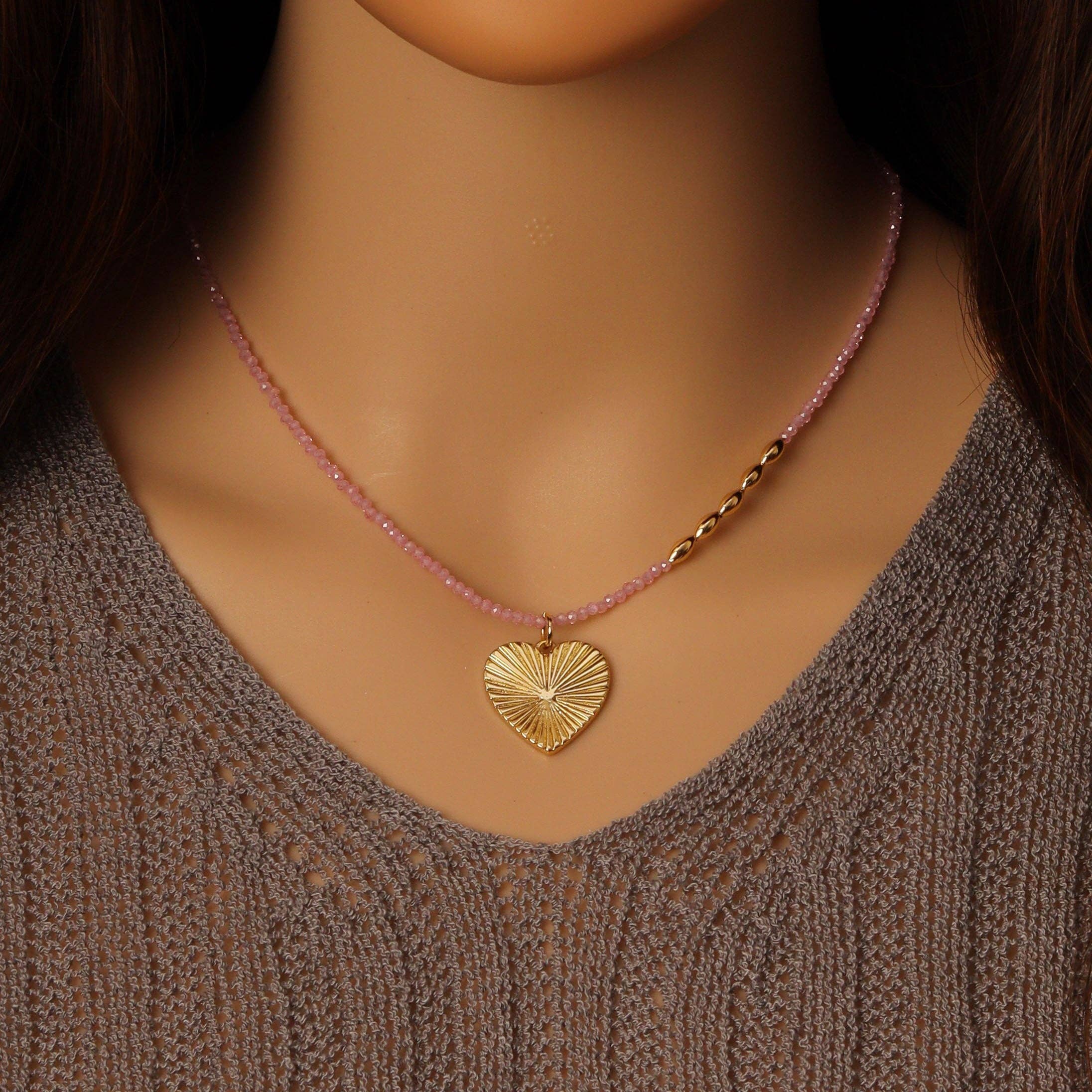 Dainty Pink CZ Stone Gold Spacer Heart Pendant Necklace, Sku#EF503