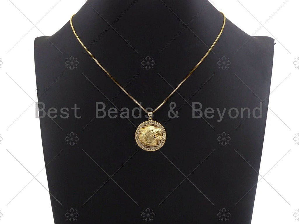 18K Gold Embossment Wolf Head On Round Coin Shape Pendant, Round Charm, Animal Pave Pendant, Gold plated, 25mm, Sku#LK60