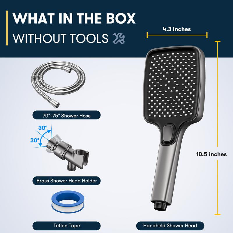ROLAKUL High Pressure Multi-Mode Handheld Showerhead - Anti-Clogging Nozzles, Built-In Power Wash Function for Cleaning Tubs, Tiles and Pets, Extra-Long Stainless Steel Hose, Wall and Ceiling Mounts.