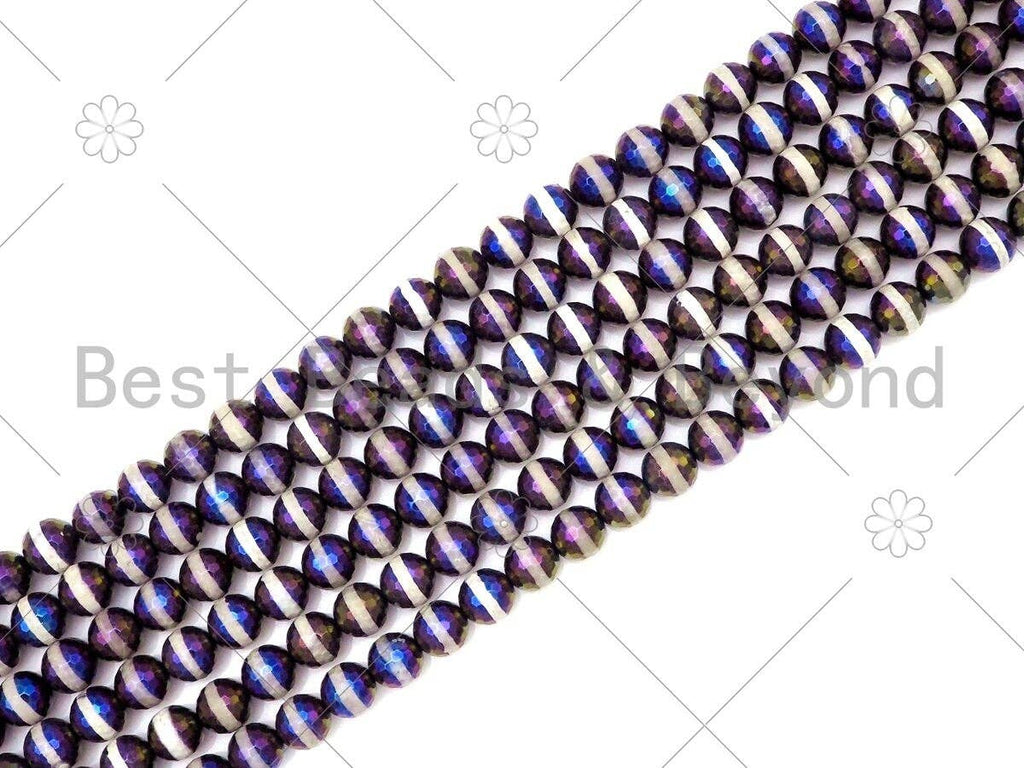 Mystic AB Black Tibetan Agate with Whtie Line Round Faceted Beads, 8mm/10mm/12mm Beads, 15.5'' Full Strand, Sku#UA223