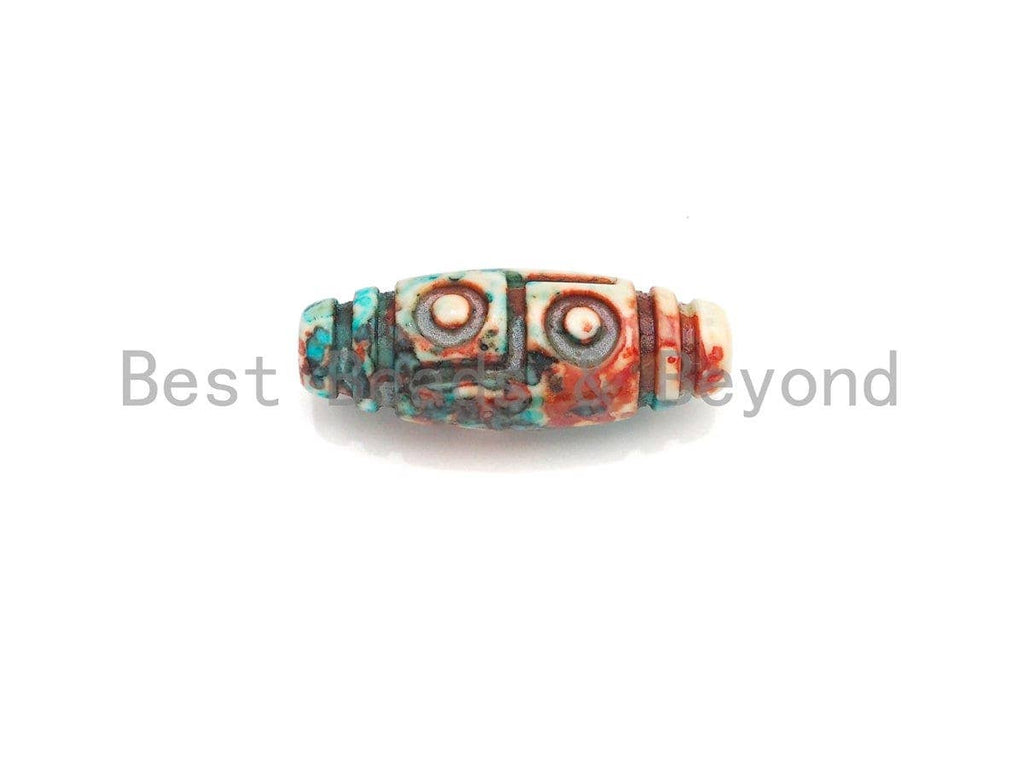 Colorful Engraved Long Oval Tibetan Spacer Beads, Multicolor