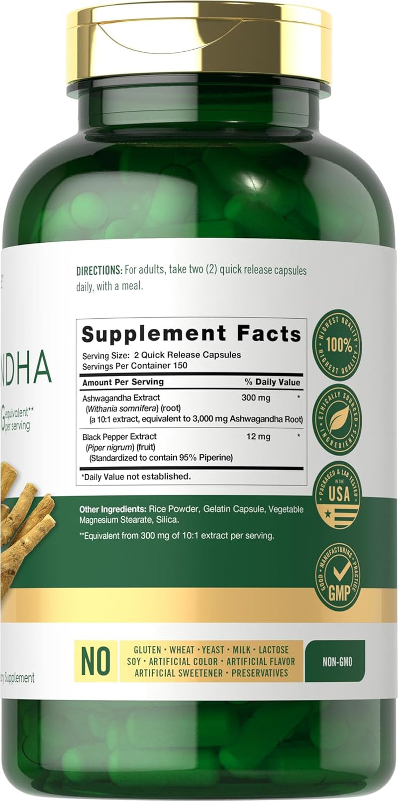 Carlyle Ashwagandha Supplement for Women and Men | 300 Capsules | Herb Root Extract with Black Pepper | Non-Gmo and Gluten Free