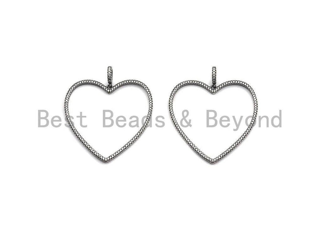 Rhidium CZ Micro Pave Large Hollow out Heart Pendant, Oxidized Silver Pave Pendant, Antique Silver Fashion Jewelry Findings, 43mm, sku#X118