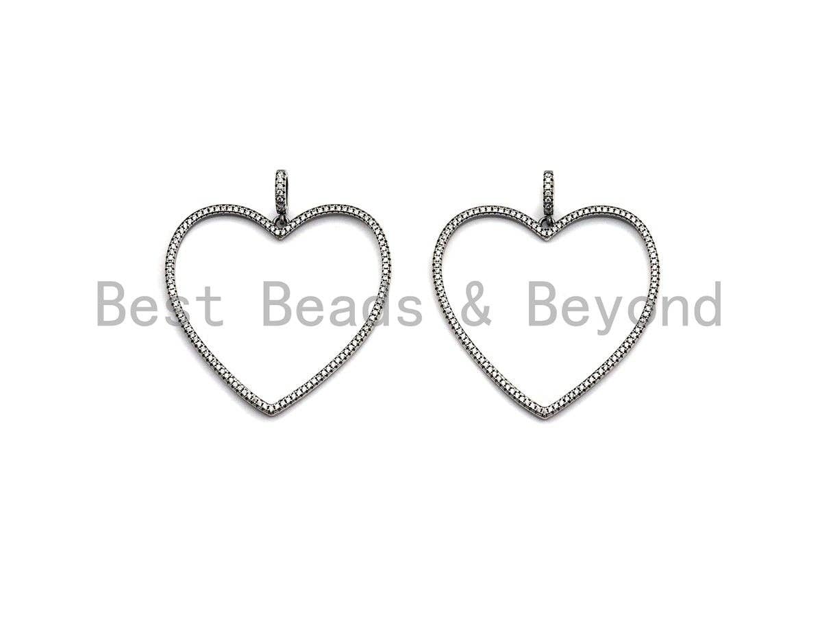 Rhidium CZ Micro Pave Large Hollow out Heart Pendant, Oxidized Silver Pave Pendant, Antique Silver Fashion Jewelry Findings, 43mm, sku#X118