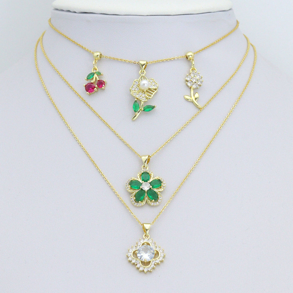 CZ Cherry Flower Crown clover Charm Pendant,Sku#LK1258