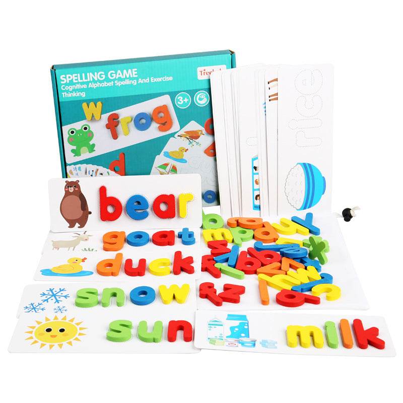 Jeu d'orthographe pour enfants avec des lettres en bois