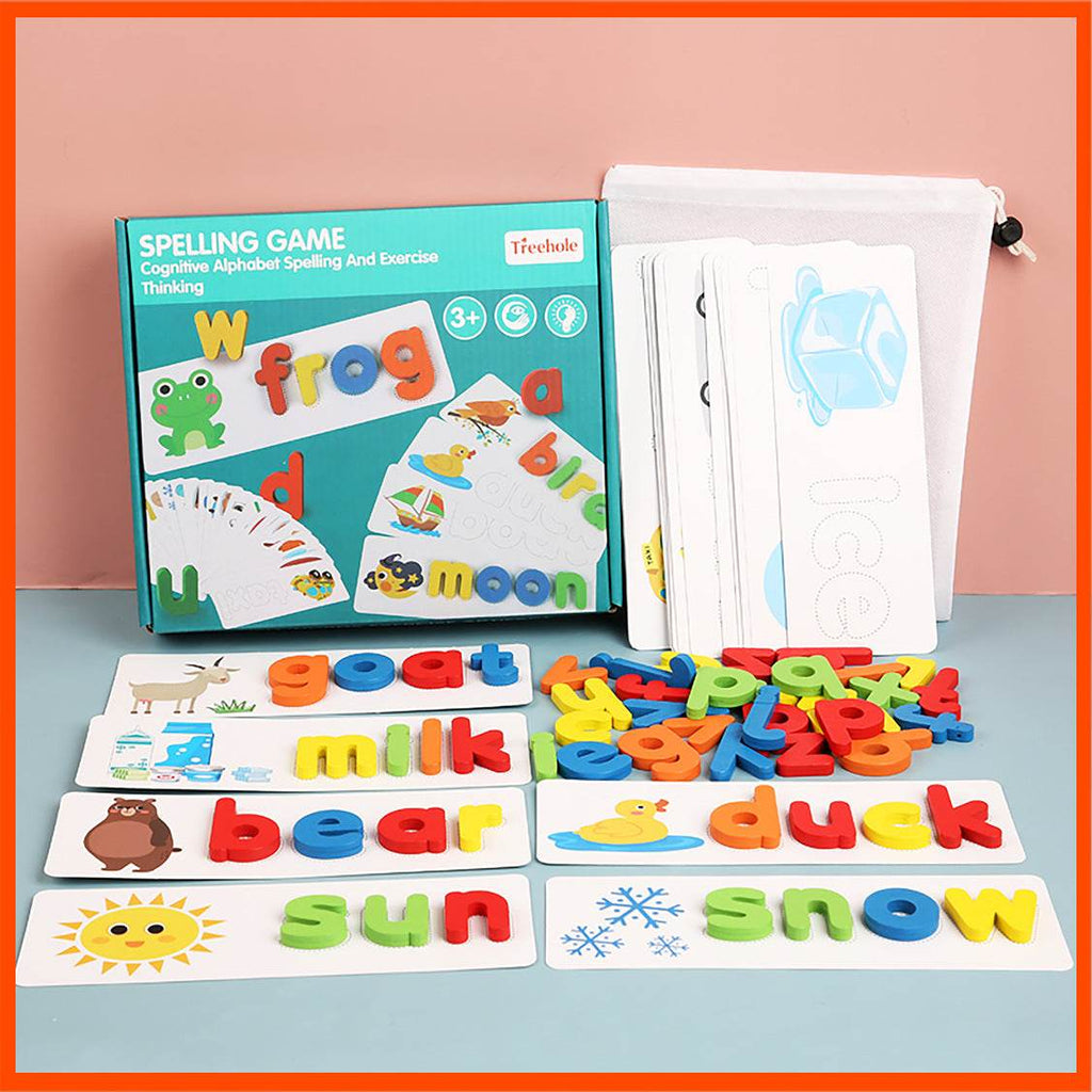 Jeu d'orthographe pour enfants avec des lettres en bois