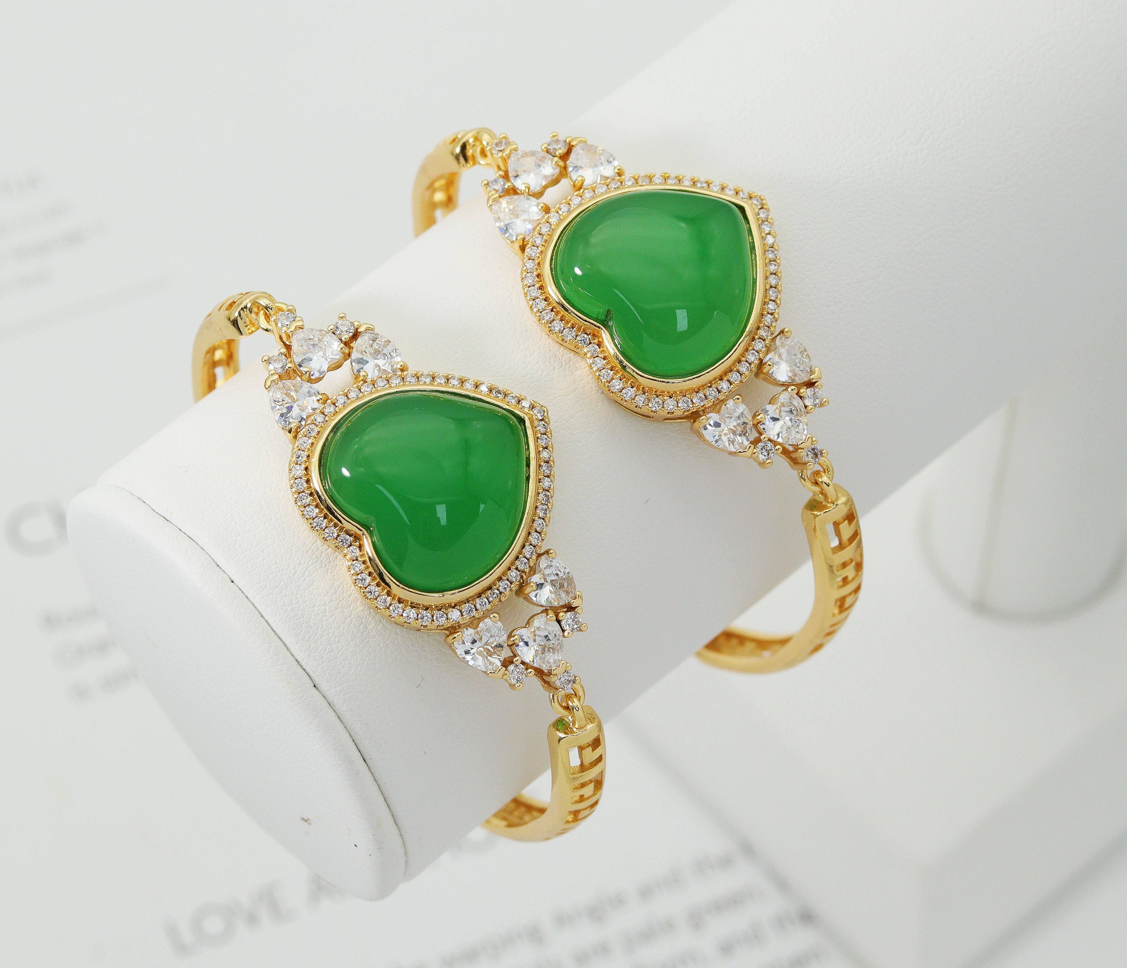 CZ Heart Green Jade Adjustable Bracelet, Sku#LX57