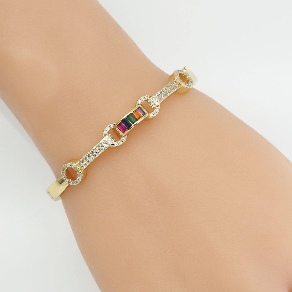 Gold Colorful Baguette CZ O T bar Bracelet, Sku#LX405