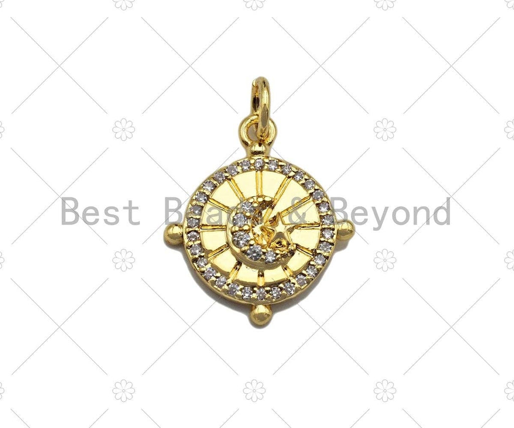Clear CZ Micro Pave Moon On Round Aiming Circle Shape Pendant/Charm, Cubic Zirconia Round Coin Charm,15x17mm,sku#Y350