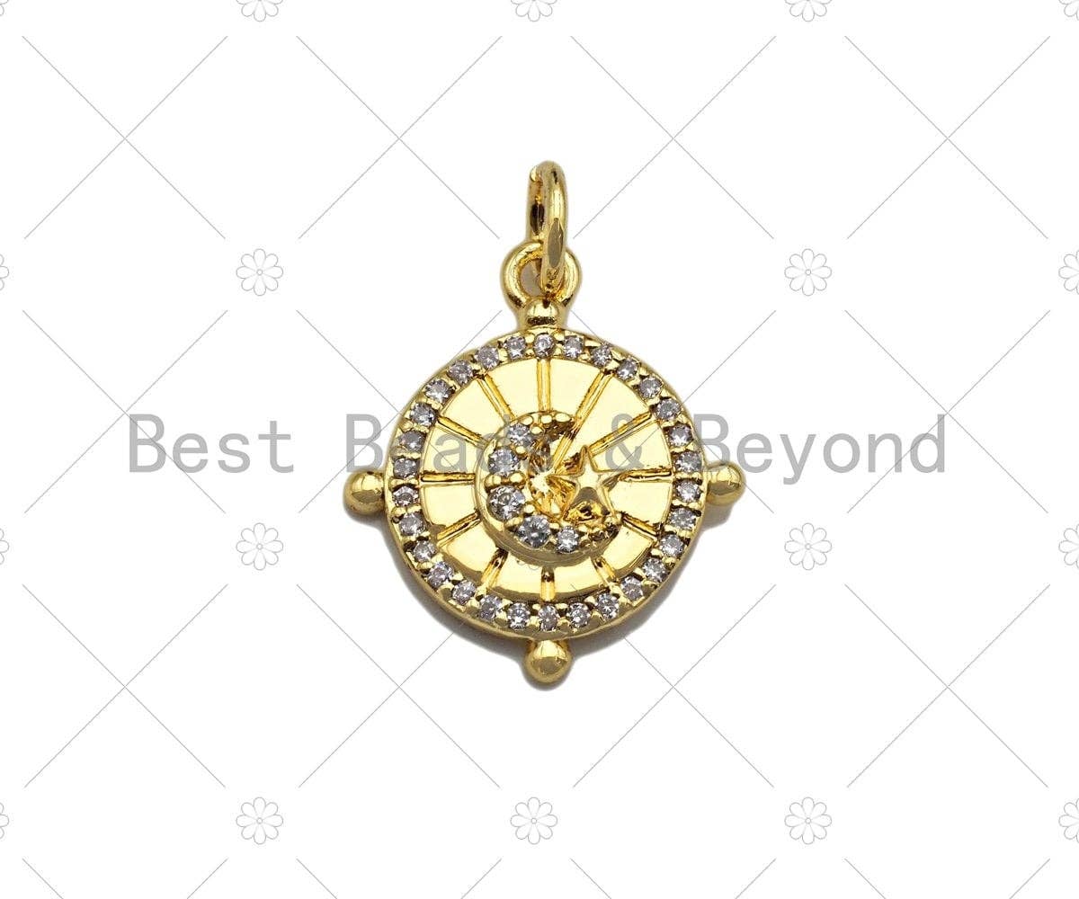 Clear CZ Micro Pave Moon On Round Aiming Circle Shape Pendant/Charm, Cubic Zirconia Round Coin Charm,15x17mm,sku#Y350