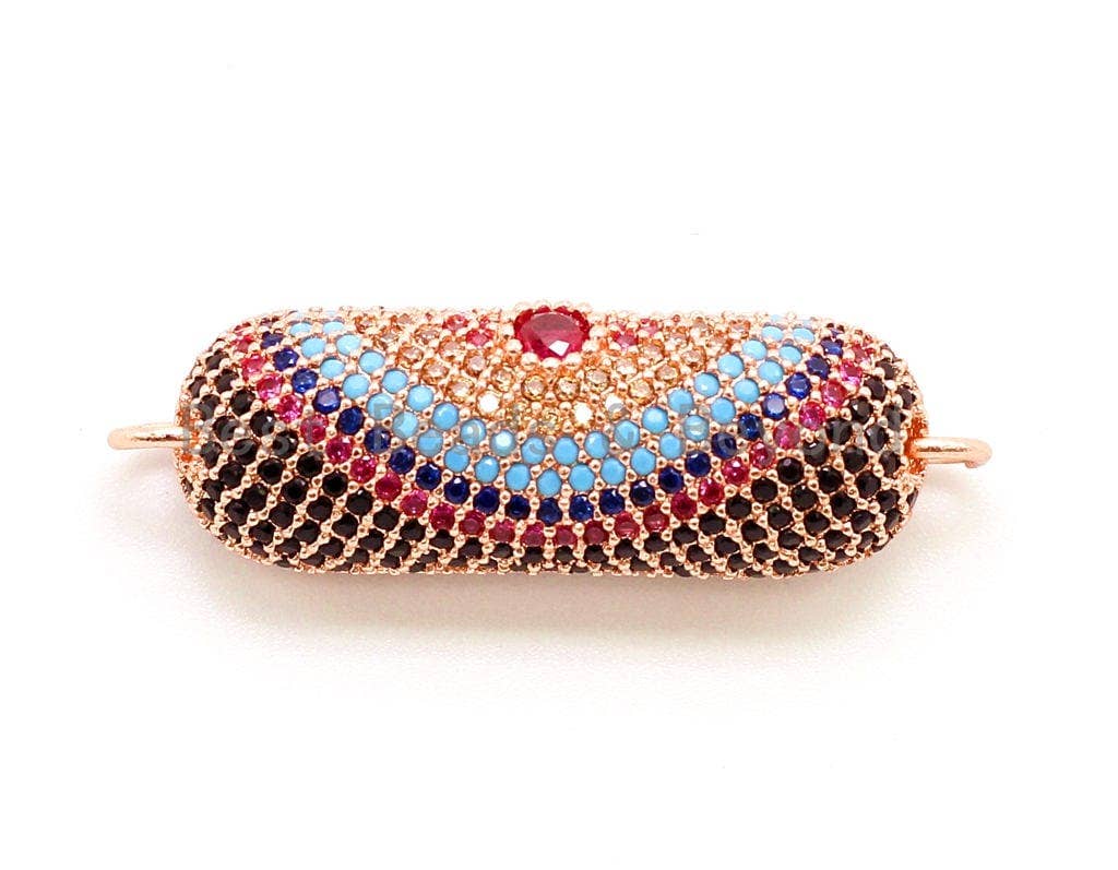 CZ Micro Pave Rainbow Half Tube Evil Eye Bracelet/Necklace Connector, Cubic Zirconia Connectors, 11x31mm, sku#E31