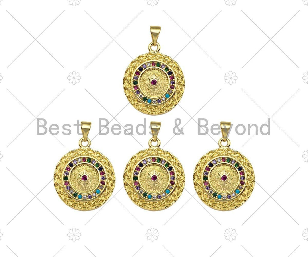 Colorful CZ Micro Pave North Star On Round Coin Shape Pendant,Dainty Gold Medallion Charm,Necklace Bracelet Charm Pendant,19x23mm, Sku#LK223