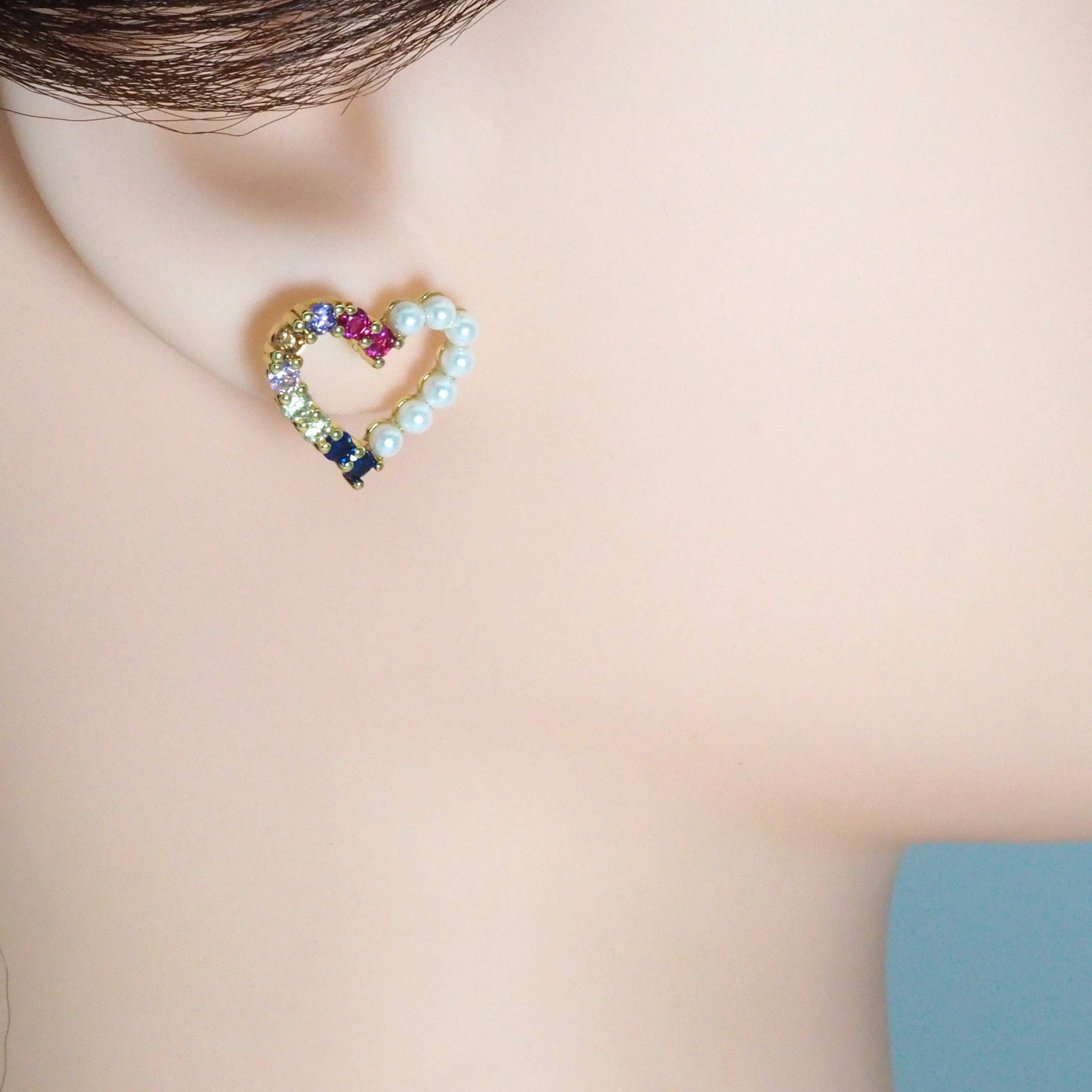 Colorful CZ Pearl Heart Stud Earrings, Sku#LD388