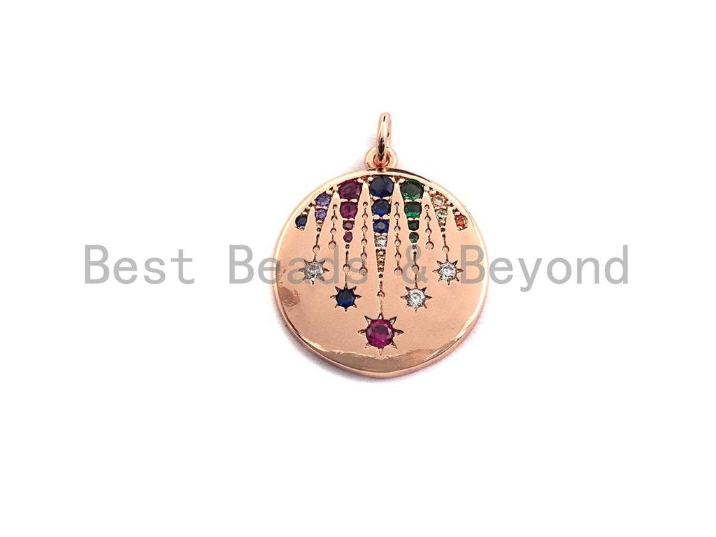 CZ Micro Pave Shooting Star Coin Pendant/Charm, Cubic Zirconia Pendant, Silver/Gold/Rose Gold/Black Tone,19x21mm,Sku#Z425