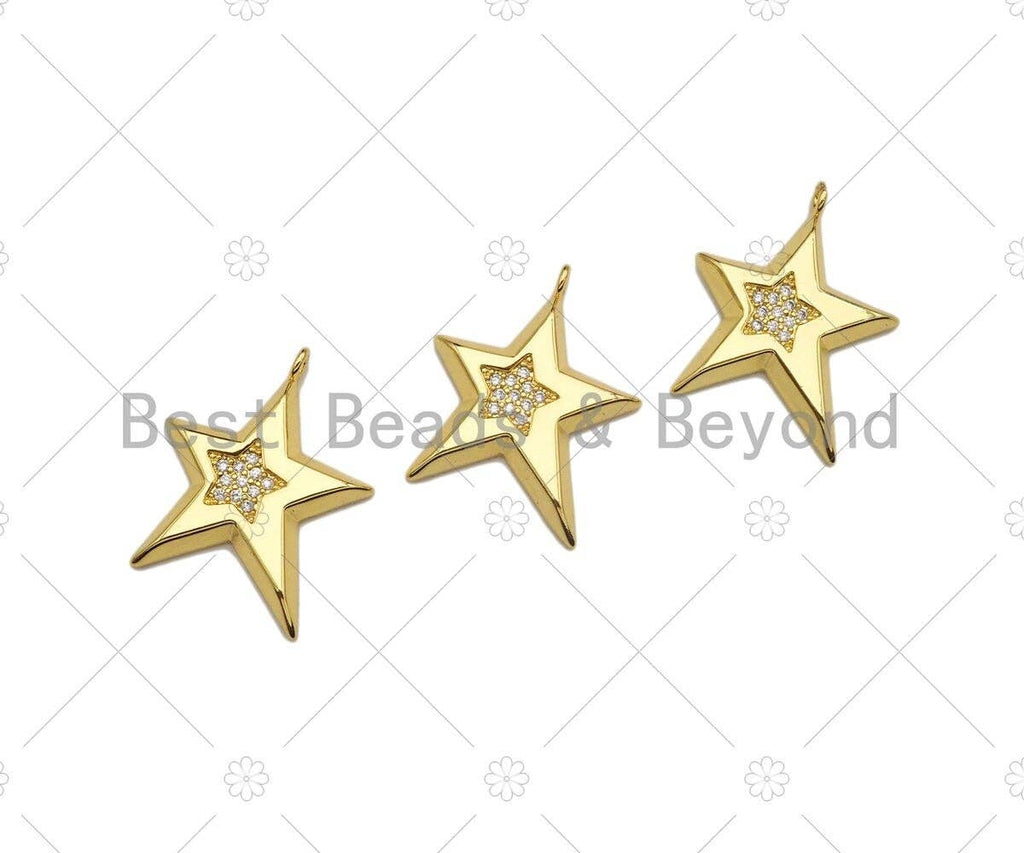 CZ Micro Pave Five Point Star on Fiver Point Star Shape Pendant,Cubic Zirconia Gold Charm, Necklace Bracelet Pendant, 22x27mm, Sku#Y418