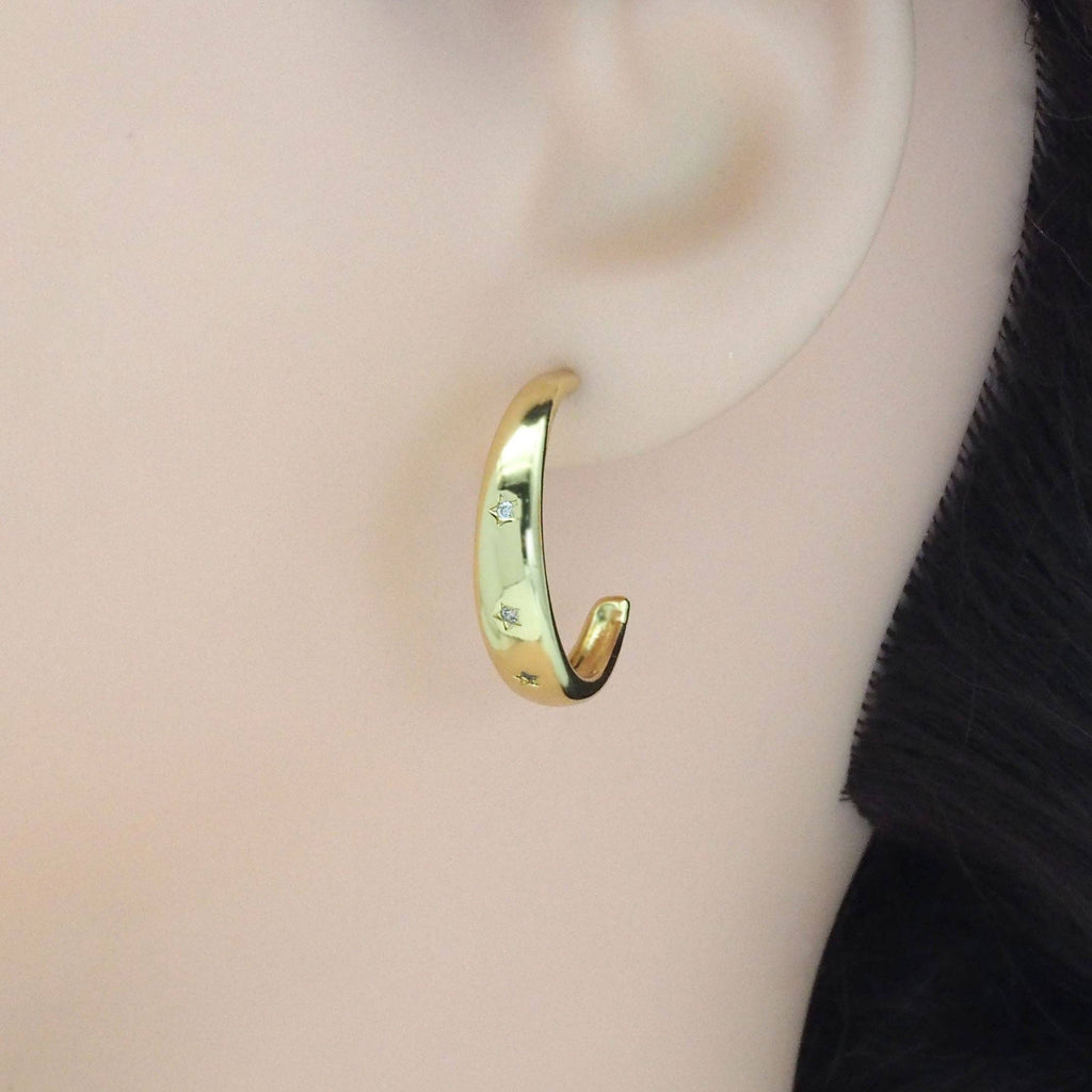 Gold CZ Stars on Huggie Hoop Earrings, Sku#LK844
