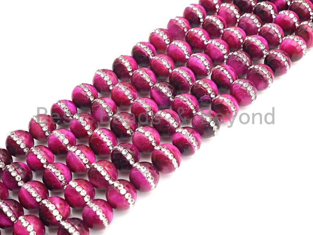 FuchsiaTiger Eye with rhinestone inlaid, 6mm/8mm/10mm/12mm/14mm, Tiger eye Beads, 15.5inch Full strand, SKU#V53