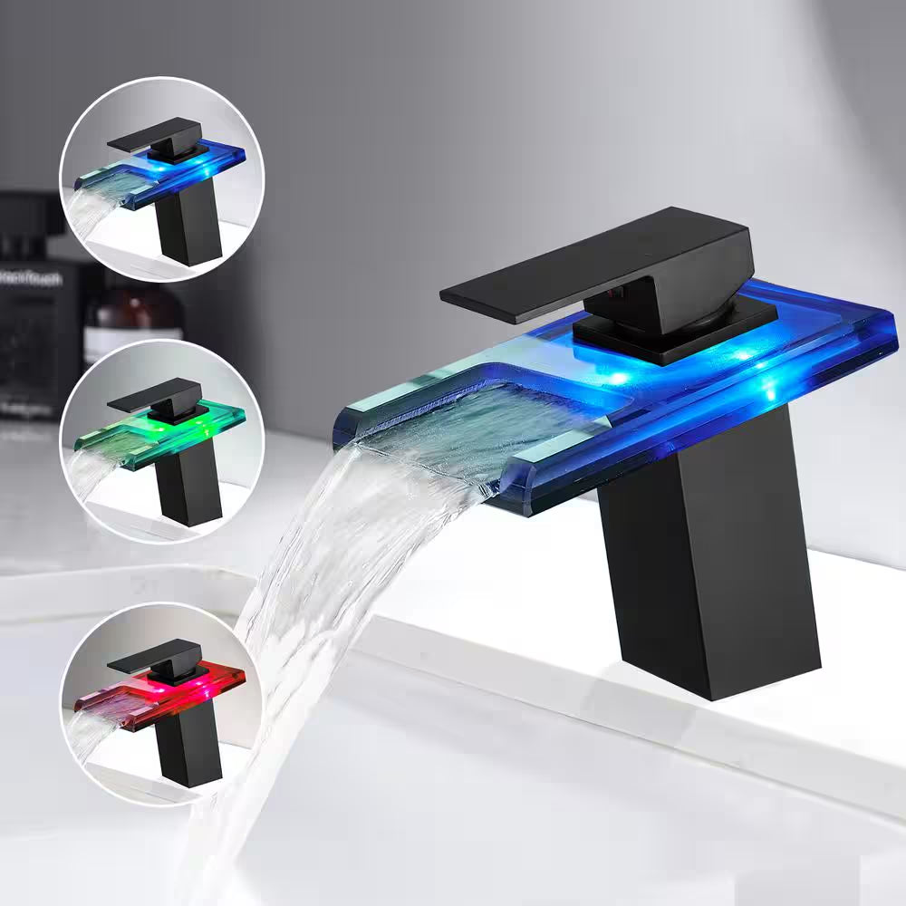 Single Handle Single Holewaterfall Bathroom Vessel Faucet with Led Light in Matte Black