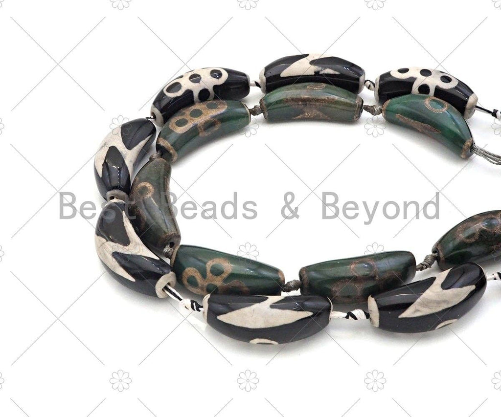 Natural Green Black Agate Curve Spacer Beads, Flower Lightning Style Agate Pendant Beads, Tibetan Dzi Beads, 43x16mm, Sku#U1129