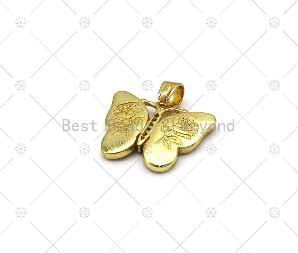 CZ Micro Pave Enamel Colorful Butterfly with Rose flower on Back Side Shape Pendant, 18K Gold FilledButterfly Charm,Sku#FH182