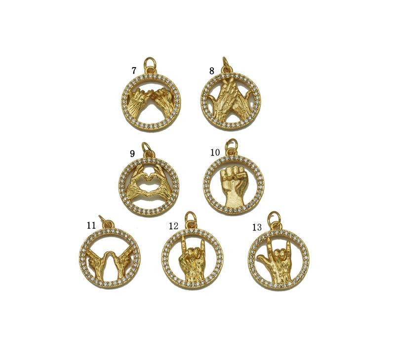 CZ Hand Gesture On Round Ring Charm, Sku#Y683