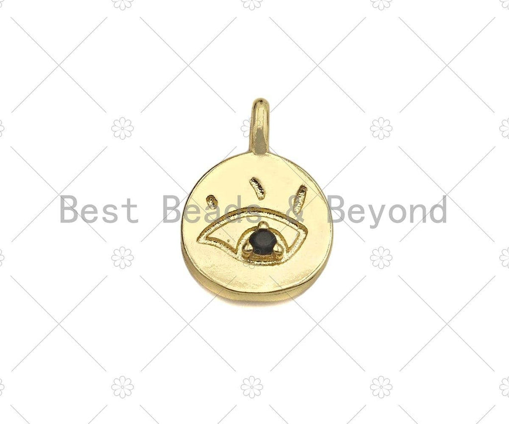 Black CZ Micro Pave Evil Eye On Round Coin Shape Charm, 18K Dainty Gold Medallion Charm, Necklace Bracelet Charm Pendant,14x19mm, Sku#LK252