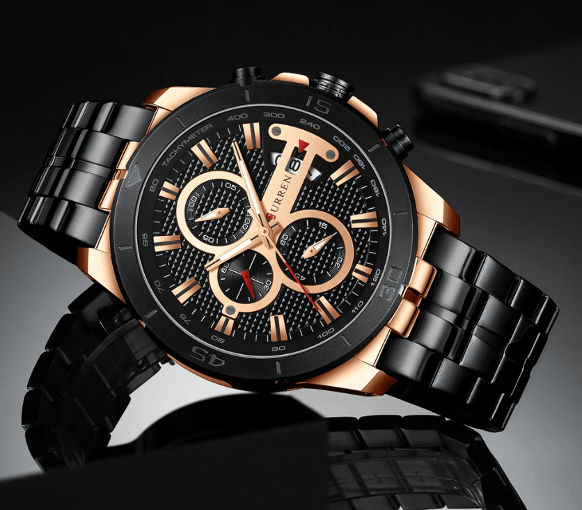 Montre étanche pour homme avec chronomètres, affichage du jour et aiguilles fluorescentes. Design de luxe unique. Cadeau parfait.