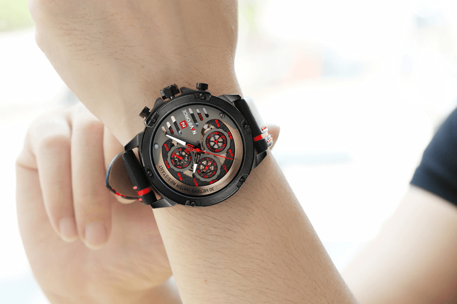 Montre de Sport Étanche Homme avec Chronomètres et Bracelet en Cuir Montre-Bracelet Multifonction Design Unique Cadeau Parfait