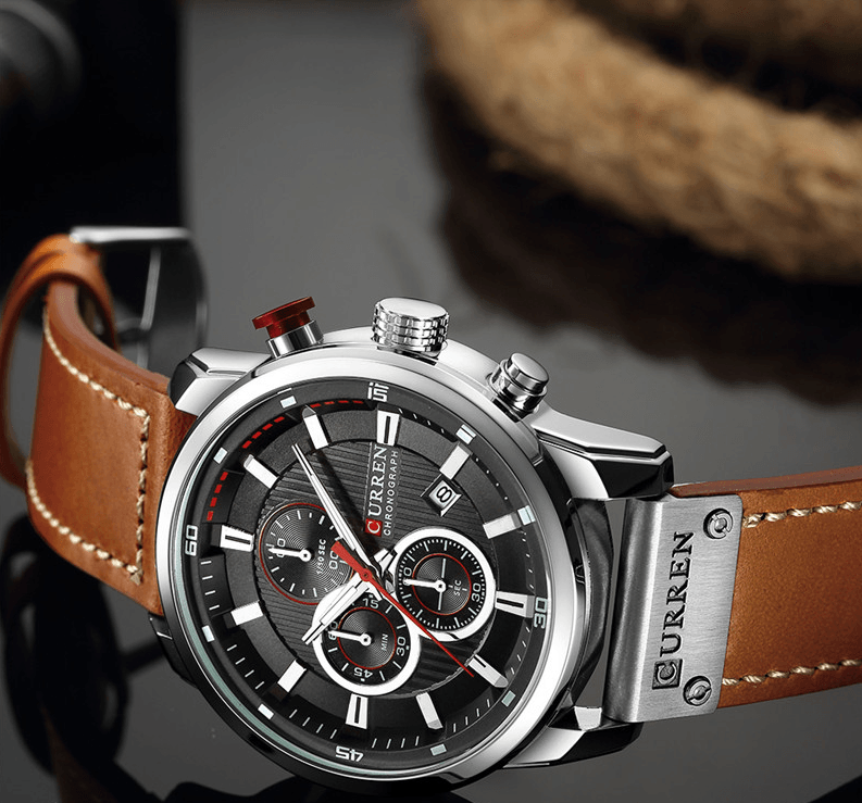 Montre de sport élégante et étanche pour homme avec chronomètres, affichage de la date, bracelets en cuir et verre Hardlex résistant aux rayures. Cadeau idéal pour lui.