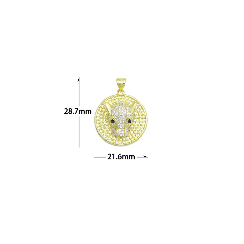 Clear CZ Gold Leopard Head Round Coin Charm Pendant,Sku#LX863