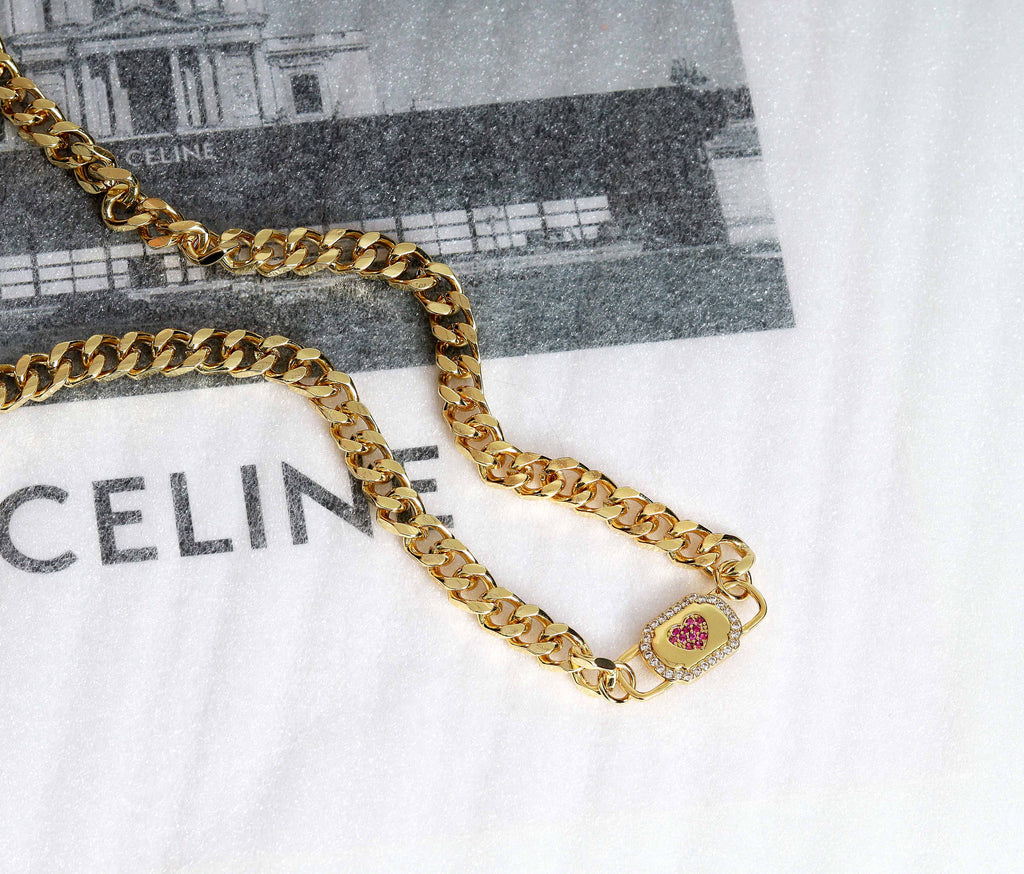 Pink Heart Lock Cuban Chain Necklace Bracelet, sku#EF164