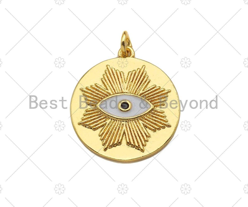 18K Dainty Gold Enamel Evil Eye Flower On Round Coin Shape Pendant/Charm,Medallion Charm, Necklace Bracelet Charm Pendant,20x22mm,Sku#L518