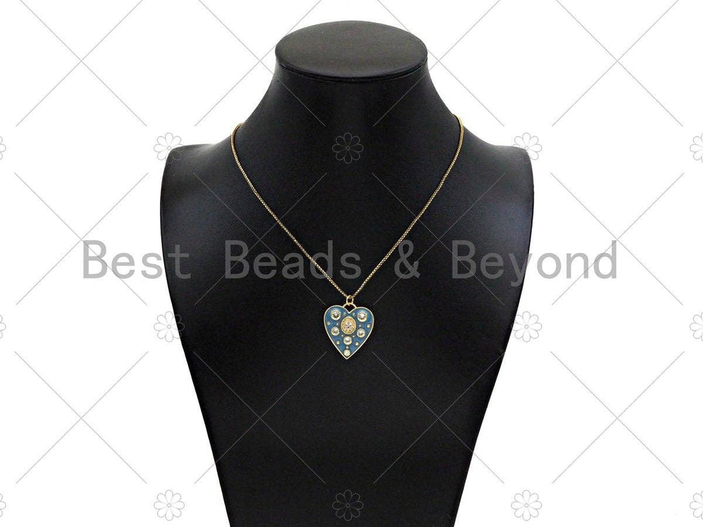 Blue Enamel Heart with Big Clear CZ Pendant,CZ Micro Pave Enamel Charm, Enamel Jewelry, 26x23mm, Sku#LK319