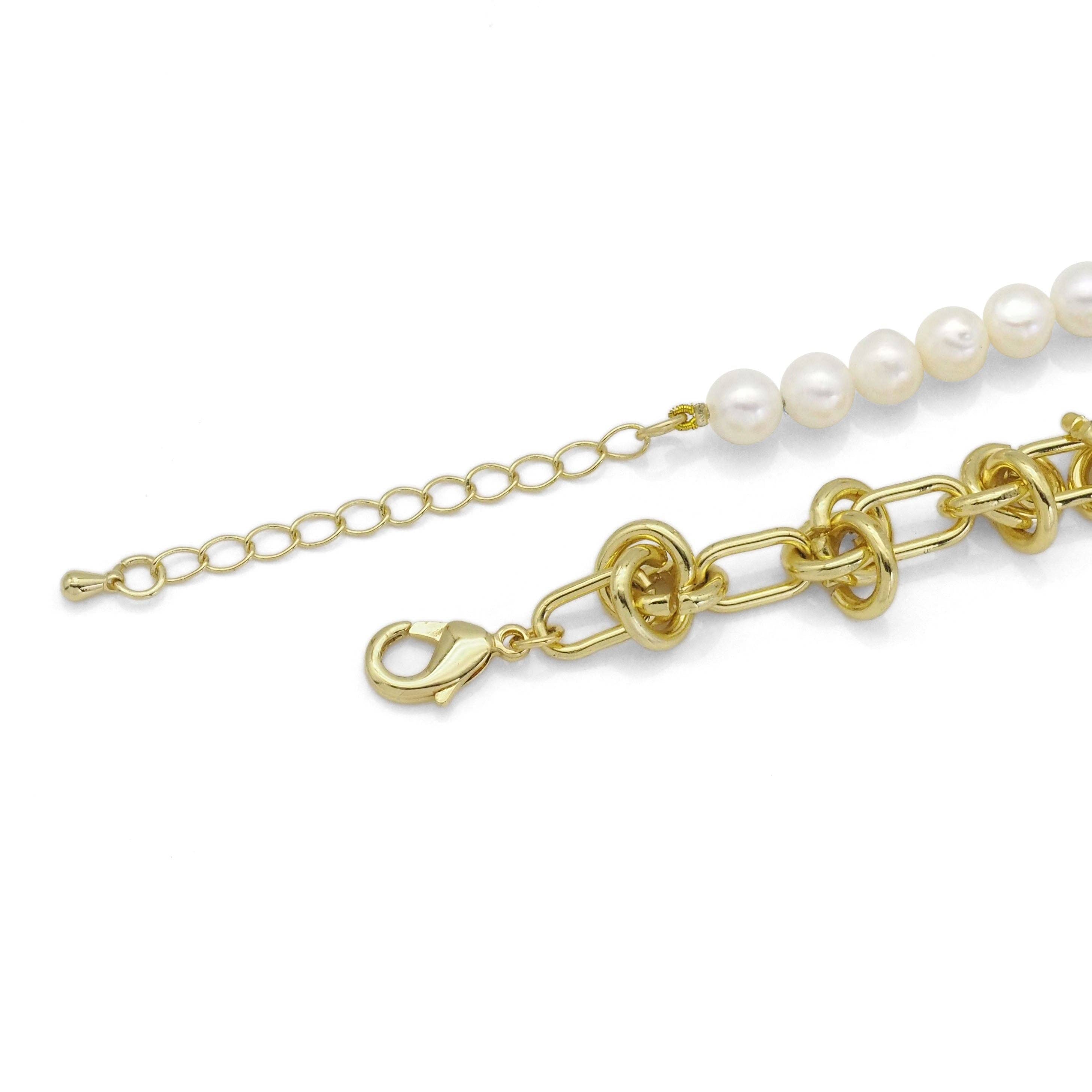 Knotted Link Chain Freshwater Pearl Bracelet Necklace, Sku#EF352C